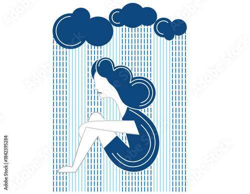 Minimalist illustration – sad woman in the rain