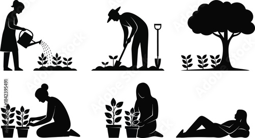 Silhouette of people gardening and plants isolated on transparent background