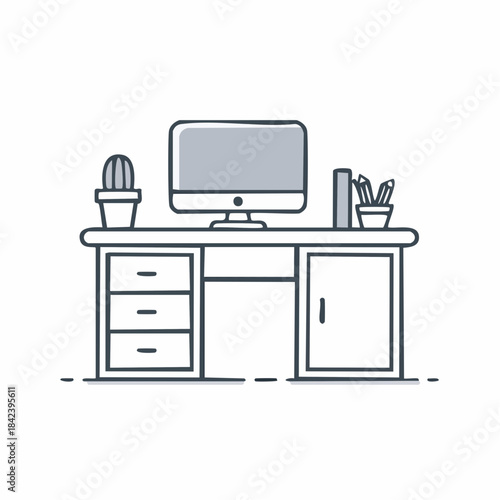 Minimalist office desk setup with computer monitor and essential workspace elements, perfect for illustrating modern productivity and efficient professional environments