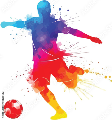 Vibrant silhouette of soccer player kicking ball isolated on transparent background