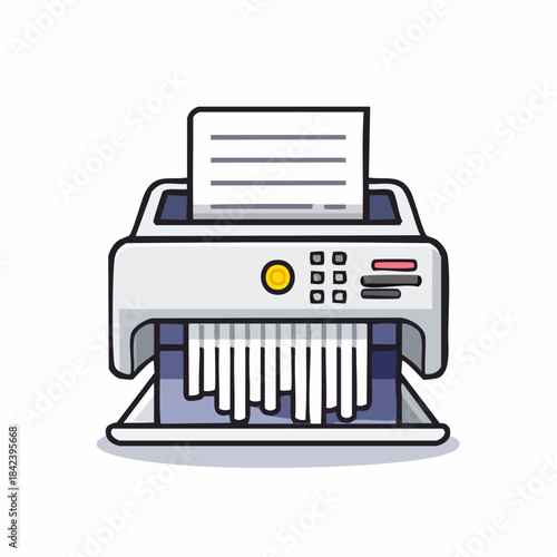 Vibrant cartoon illustration of a modern office paper shredder processing sensitive documents, emphasizing secure disposal and privacy protection for business information