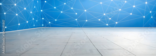 Empty room with a grey floor and futuristic digital wall