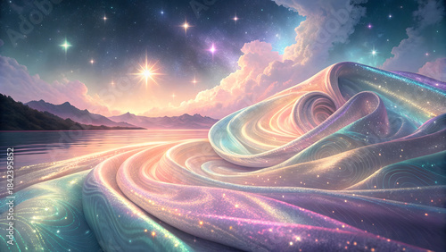 Abstract night sky background with shining stars, colorful wave, and clouds for text design