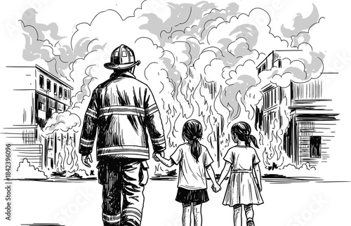 Firefighter and children walking away from burning buildings silhouette isolated on transparent background