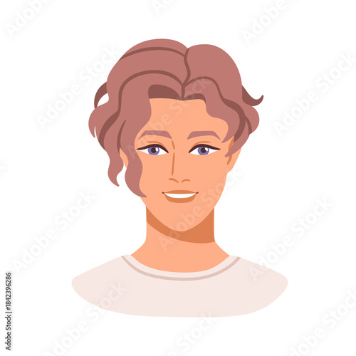 Young woman, head avatar. Smiling happy female character with short wavy curl...