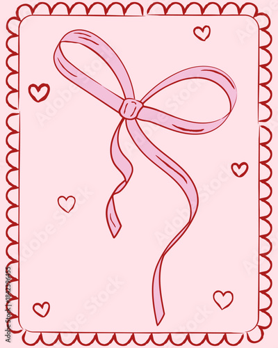Vintage Hand Drawn Pink Bow with Hearts and Simple Red, Frame , Doodle Festive Frame, Decorative, Border, Vector