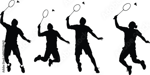 Four badminton player silhouettes in action isolated on transparent background