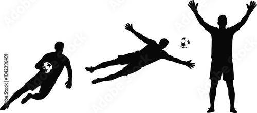 Three black silhouettes of male athletes in various poses isolated on transparent background
