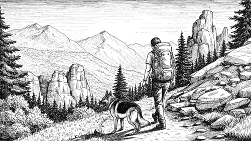 Hiker silhouette walking on a mountain trail isolated on transparent background