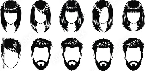 Eight different hairstyles and beards silhouette isolated on transparent background
