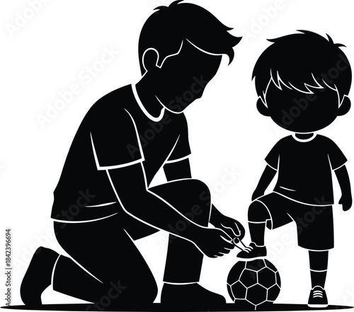 Silhouette of a man helping a child with a soccer ball isolated on transparent background
