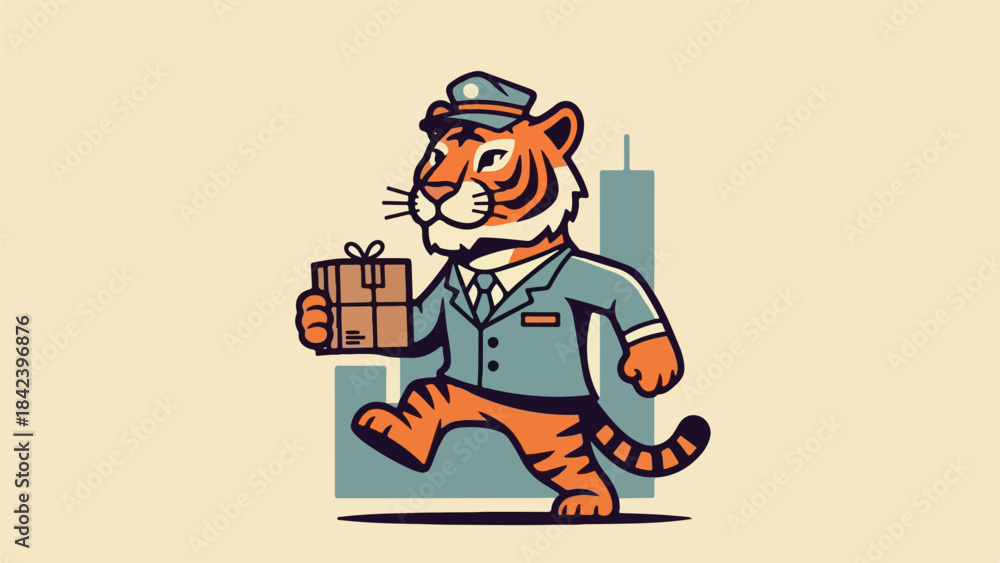 Fototapeta premium Vintage Tiger Courier Mascot Retro Delivery Service Illustration
