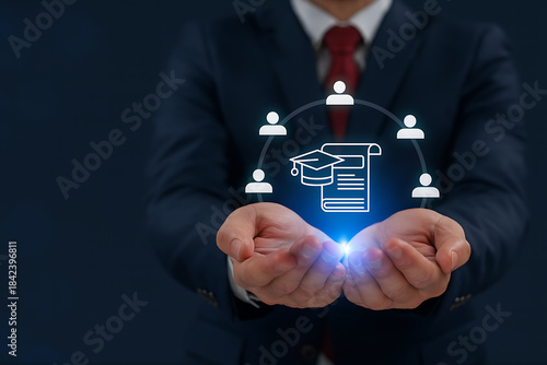 Professional hands holding glowing icons representing education certification online learning and skill development within a connected network of people and knowledge