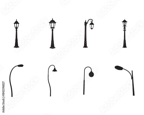 Decorative and Modern Street Lamp Post Silhouettes Set (Vector Icons)