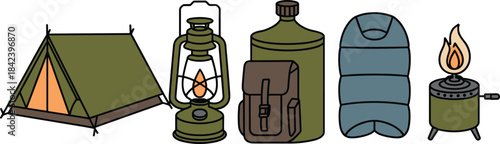 Camping gear icons, tent lantern canteen backpack sleeping bag stove, outdoor equipment illustration, hiking supplies vector set, adventure essentials