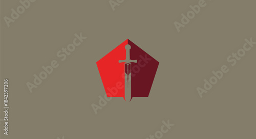 A centered sword within a shield-like geometric shape, using shades of red and centered