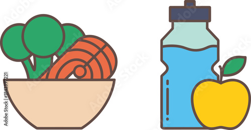 Healthy food icons, salad bowl with vegetables and salmon, water bottle with apple, clean eating illustration, nutrition symbols, minimalist vector design