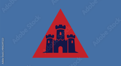 Blue background with a red triangle containing a dark blue castle silhouette