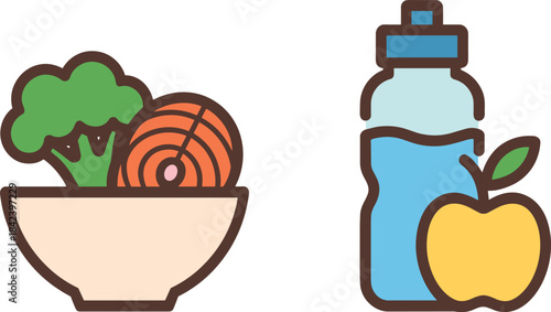 Healthy food icons, salad bowl with vegetables and salmon, water bottle with apple, clean eating illustration, nutrition symbols, minimalist vector design
