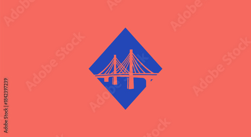 A stylized bridge illustration within a diamond on coral background