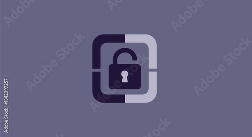 A central open padlock within concentric square frames on a muted purple backdrop