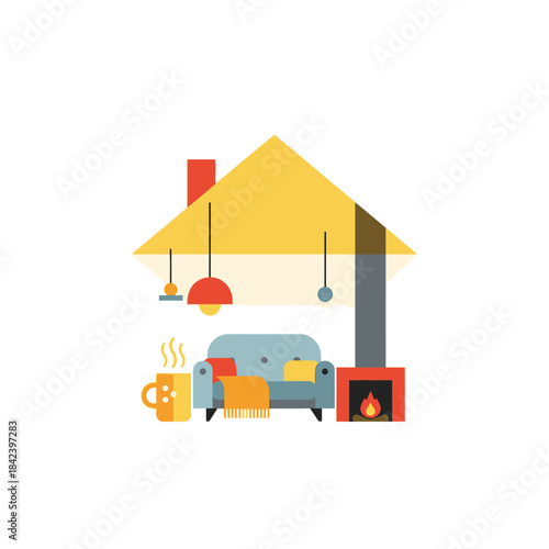 Cozy Home Interior with Fireplace, Sofa, and Warm Drink.