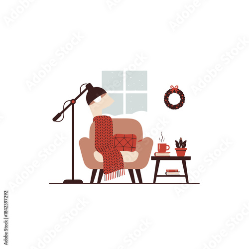 Cozy Interior Scene with Armchair, Lamp, and Festive Wreath.