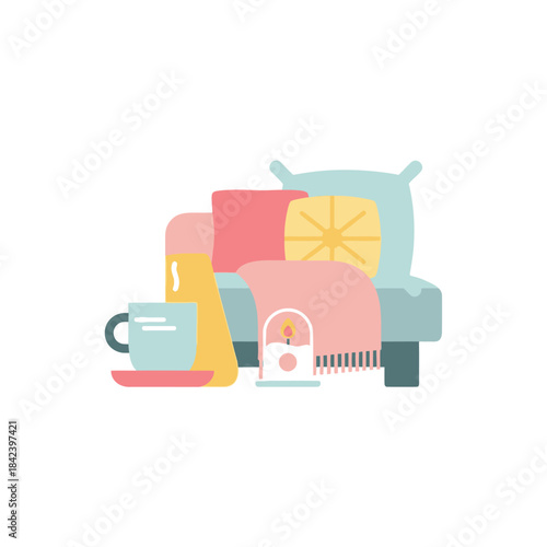 Cozy Still Life with Cup, Blanket, and Pillows Illustration.