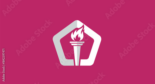 A stylized torch within a shield-like frame against a magenta background