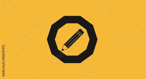 A black pencil within a black decagon set against a yellow background