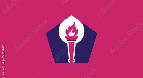 A torch design on a magenta background, enclosed in a dark blue pentagon shape