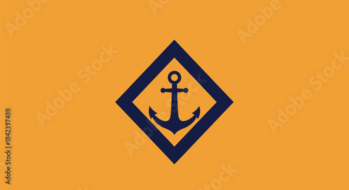 A dark blue anchor within a diamond frame on a bright orange background