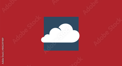 A white cloud graphic sits in a navy blue square, centered on a red background