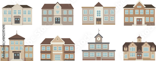 Cartoon school building illustration set, educational campus architecture, cute academic buildings, elementary and high school designs, learning institution clipart artwork
