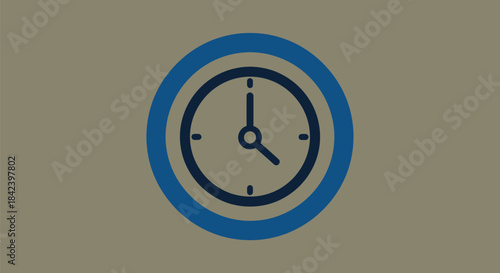 A clock face showing time within two concentric blue and navy circles on a neutral background