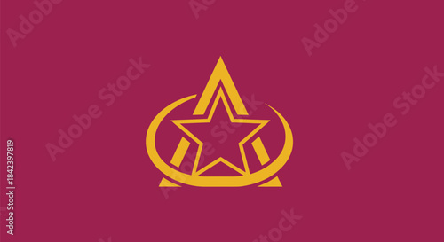 Burgundy background with gold emblem. Star inside a triangle with a crescent
