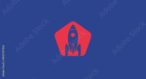 A red rocket icon within a red pentagon on a blue background. Minimalist and bold design