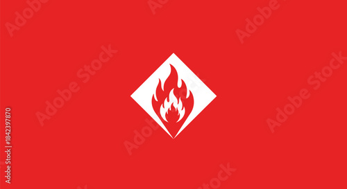 A centered white flame icon within a diamond shape on a red background