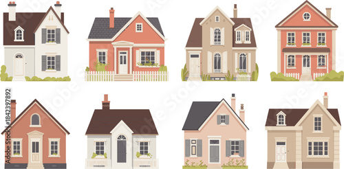 Charming cottage house illustration set, cozy suburban homes, vintage architectural designs, cute residential buildings, decorative facades, warm neighborhood clipart artwork