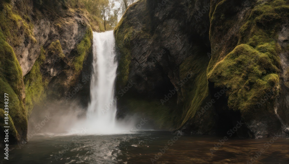 Obraz premium Majestic Waterfall Cascading into a Serene Pool Surrounded by Lush Green Mossy Rocks.