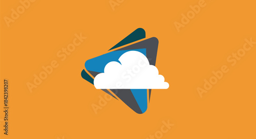 An orange background with layered angular shapes and a white cloud illustration