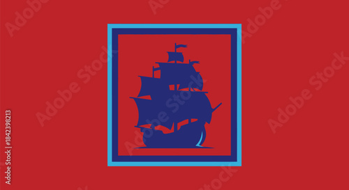 A dark blue ship silhouette within a rectangular frame against a red backdrop