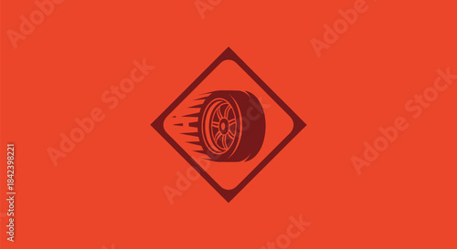 A car wheel design is in the center of an orange background within a dark diamond frame