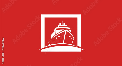 A white ship illustration inside a white square on a red background
