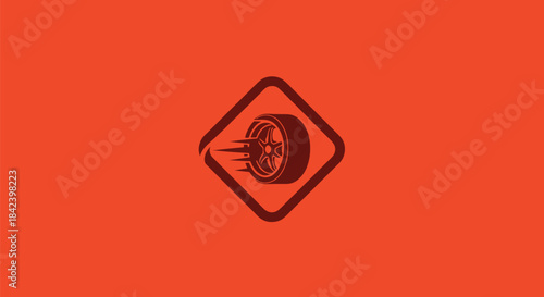 Orange background with a wheel graphic inside a diamond shape. Motion lines imply speed