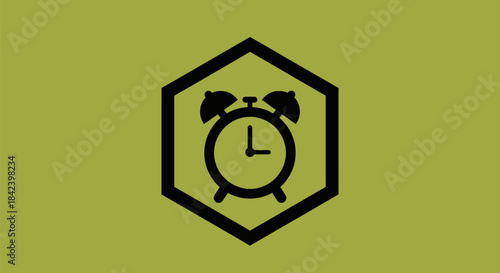 Black alarm clock inside a black hexagon on an olive-green background