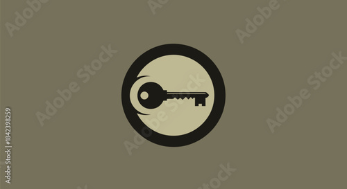 A key icon within a circle, set against a muted backdrop. Keys are black, circle black, and interior is off-white