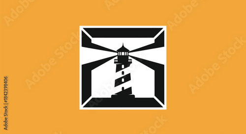A black and white lighthouse image, centered in white box, on an orange background