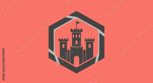A gray castle logo within a broken hexagon on a salmon backdrop