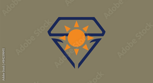 Abstract geometric logo featuring an orange sun within a blue diamond shape on a tan background